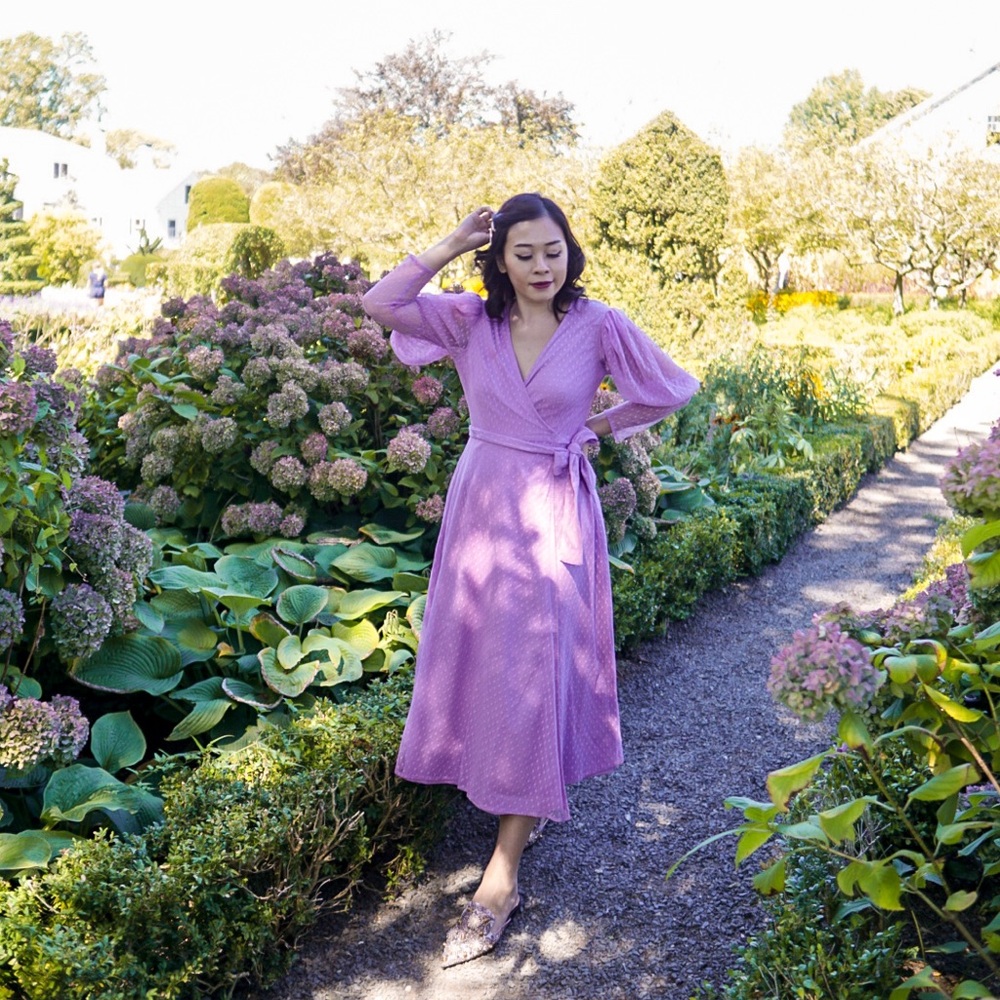 Lavender polka dot wrapped long puff sleeves dress.